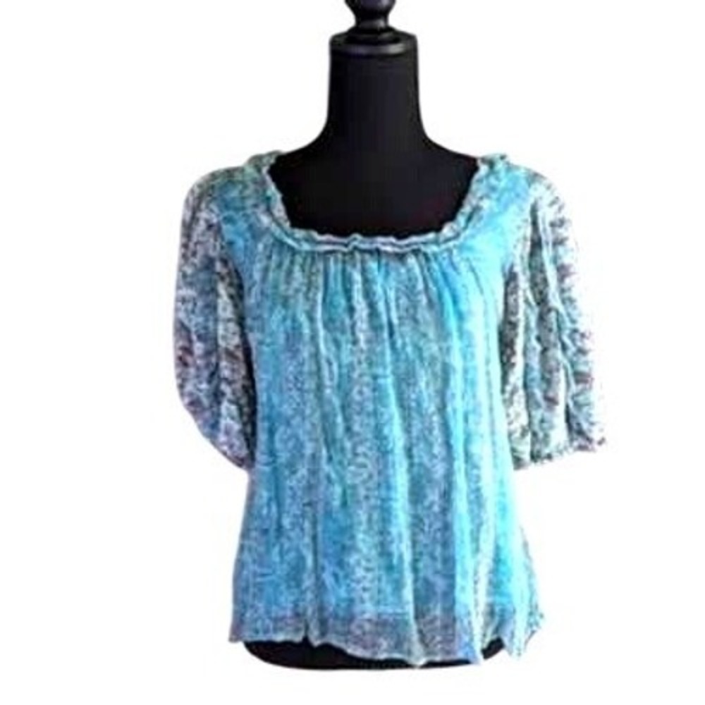 Let Me Be Anthropologie Paisley Puff Sleeve Square Neck Blouse Blue XL